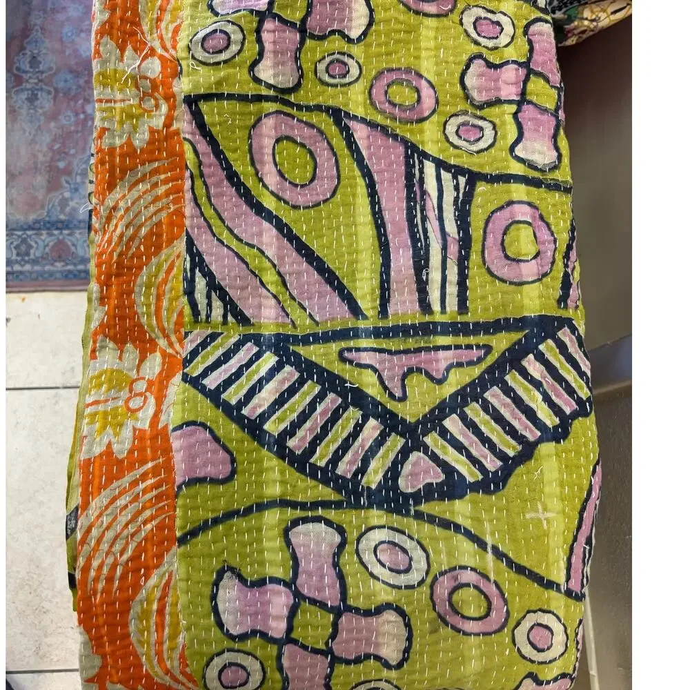 Handmade Kantha Quilt Apx 90” X 50” Multicolor Print